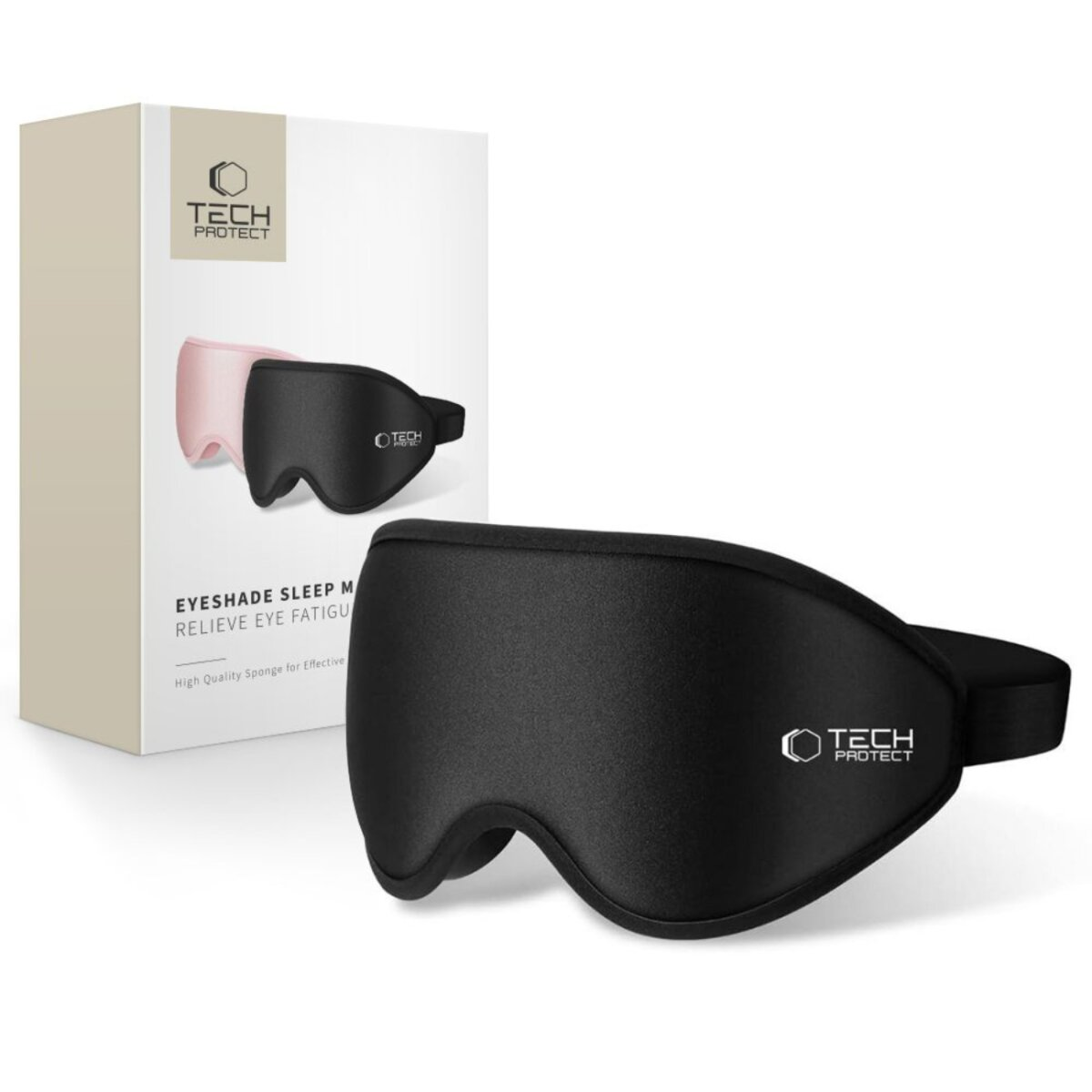 Eine schwarze Schlafmaske mit dem Logo 'Tech Protect' liegt vor einer Schachtel. Die Schachtel zeigt die gleiche Maske und Text.