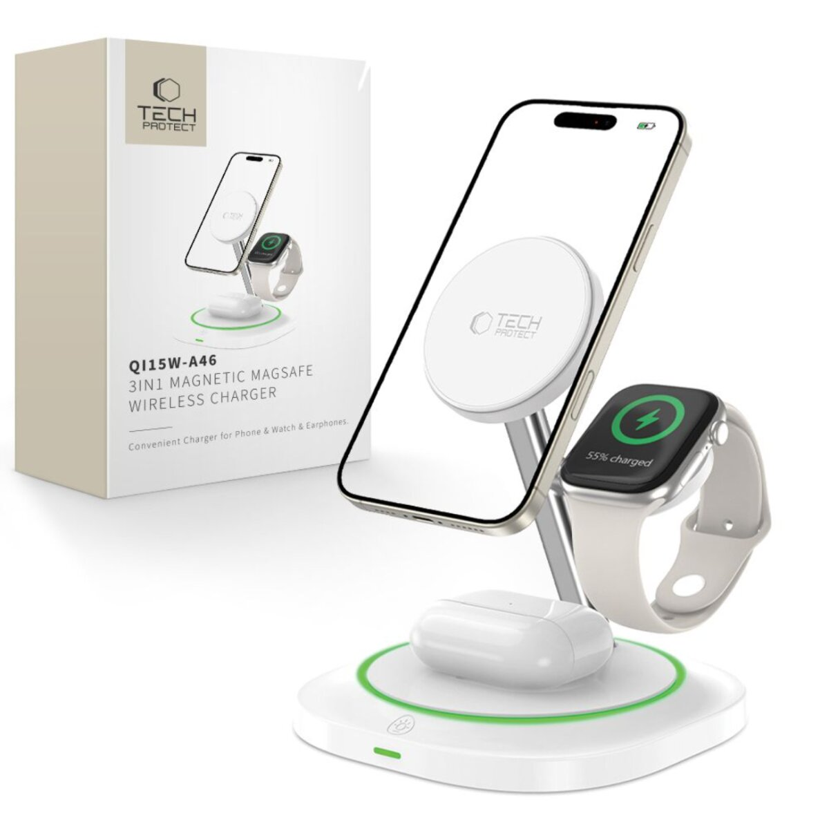Ein weißes kabelloses Ladegerät mit Telefon, Uhr und Ohrhörern. Telefon und Uhr werden geladen. Eine Box befindet sich im Hintergrund.