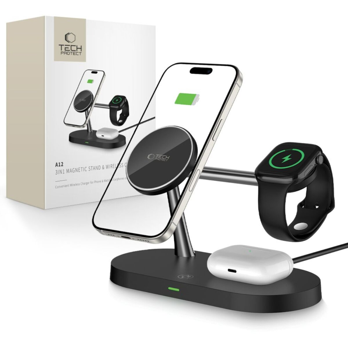 Un chargeur sans fil 3-en-1 avec un téléphone, une montre connectée et des écouteurs. Le téléphone est sur un support, la montre connectée à côté et les écouteurs en dessous.