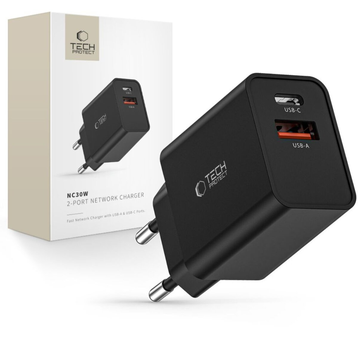 Un chargeur réseau Tech Protect NC30W noir à 2 ports, avec ports USB-C et USB-A, est présenté avec sa boîte.
