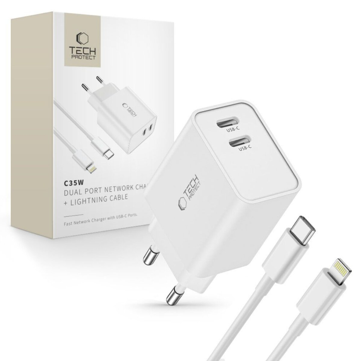Un chargeur USB-C à double port blanc avec un câble Lightning et une boîte. Le chargeur porte le logo "Tech Protect".