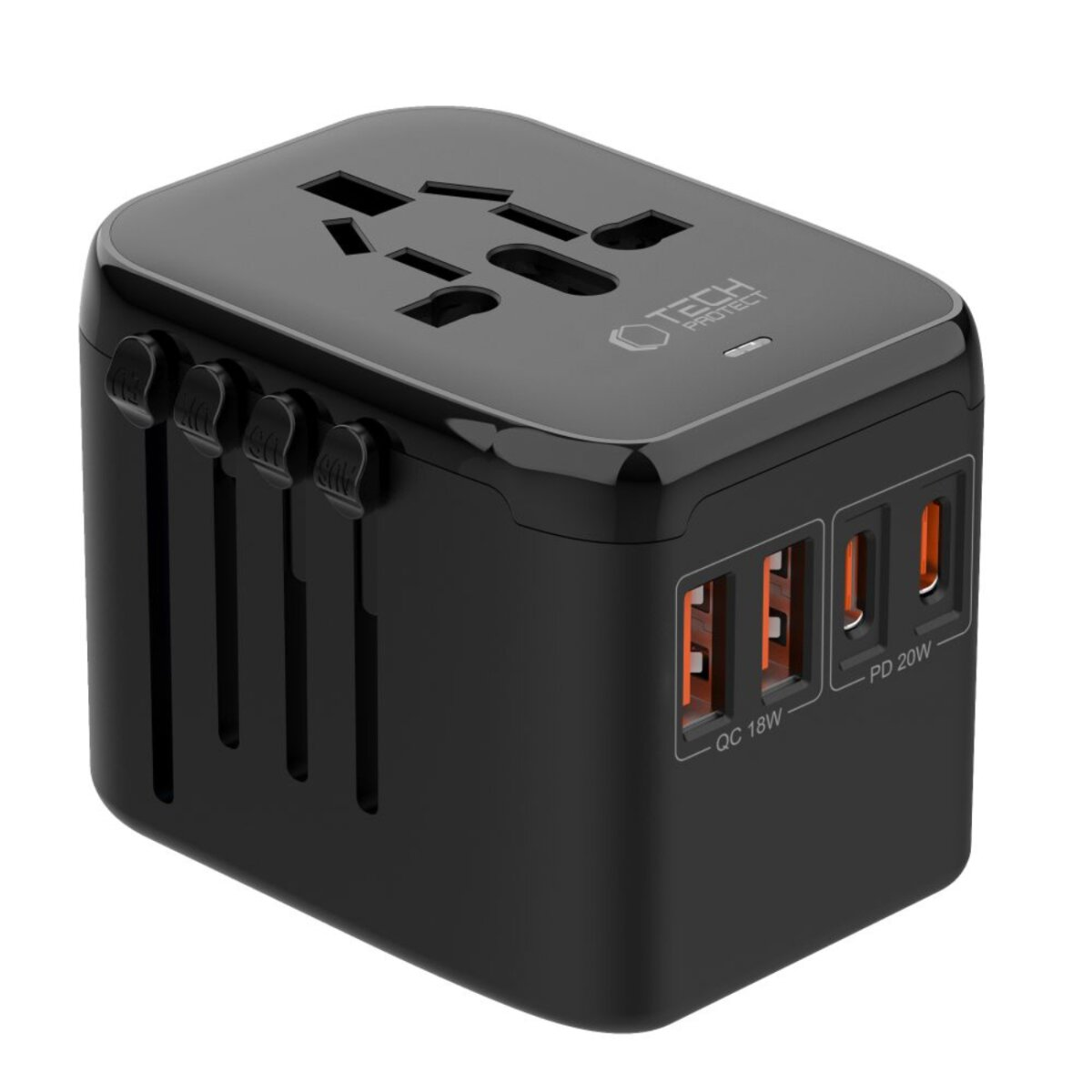 Schwarzer Tech Protect Universal-Reiseadapter. Er hat mehrere Steckertypen, USB-Anschlüsse und eine Steckdose.