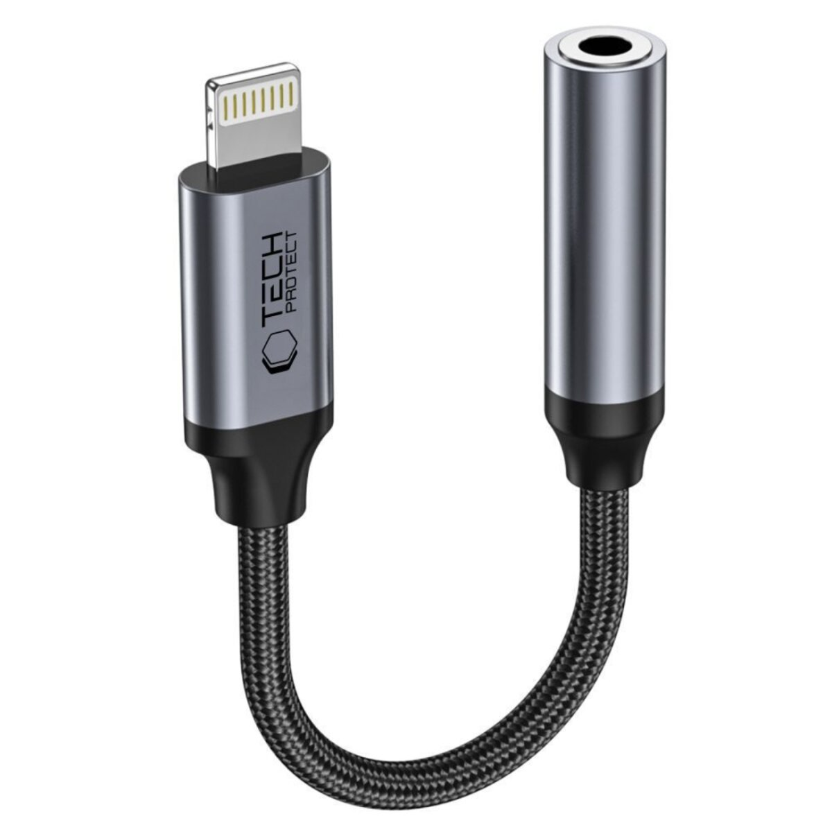 Ein silbernes und schwarzes Adapterkabel. Ein Ende hat einen Lightning-Anschluss, das andere eine Kopfhörerbuchse. Das Kabel ist gebogen.