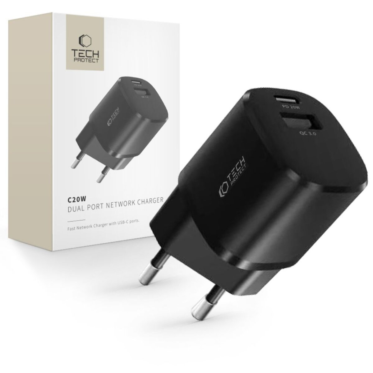 Schwarzes Tech Protect Dual-Port-Ladegerät mit weißer Box. Text: C20W, Dual-Port-Netzwerk-Ladegerät, Schnellladegerät mit USB-C-Anschlüssen.