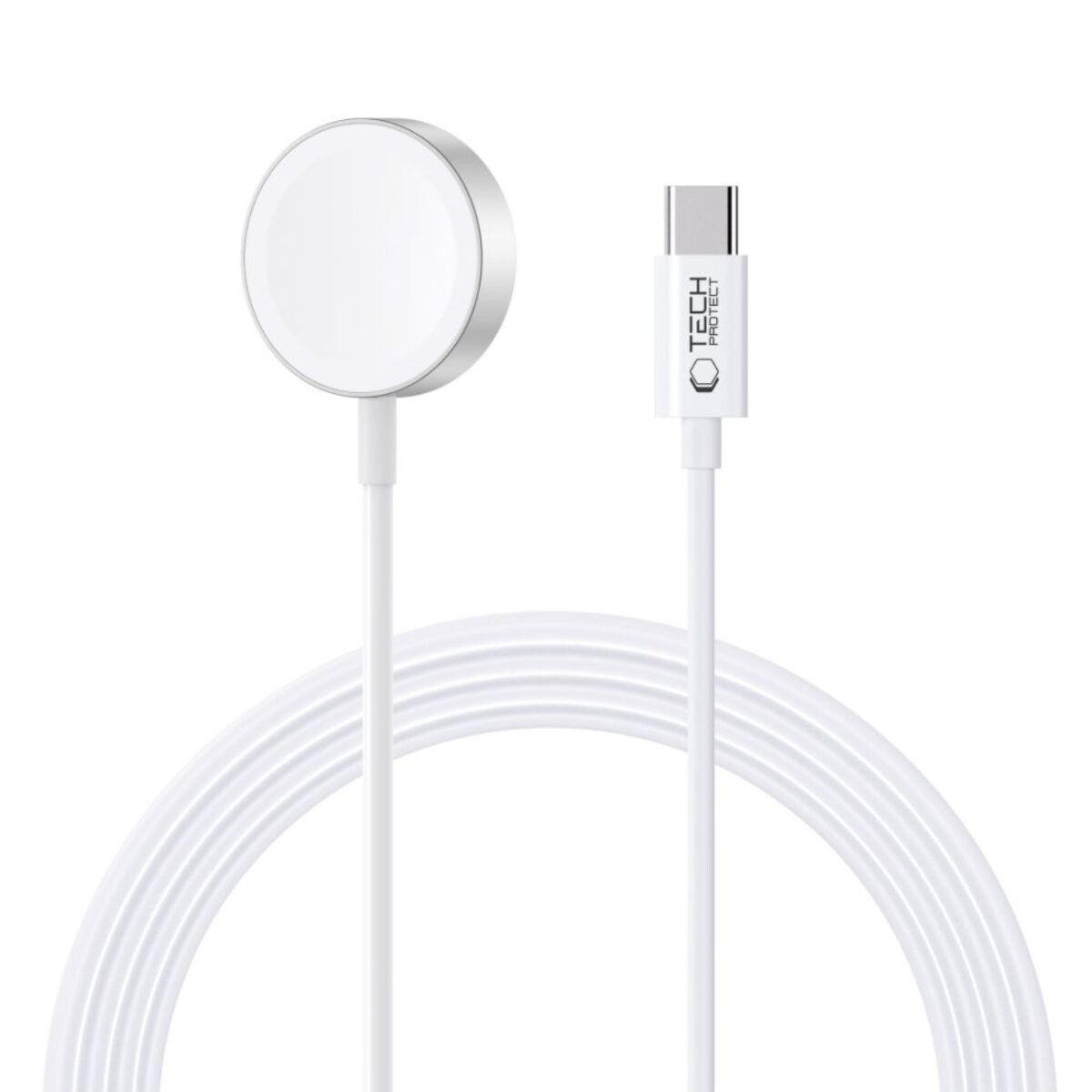 Ein weißes Apple Watch-Ladegerät mit weißem Kabel, einem USB-C-Anschluss rechts und dem Markennamen 'Tech Protect'.