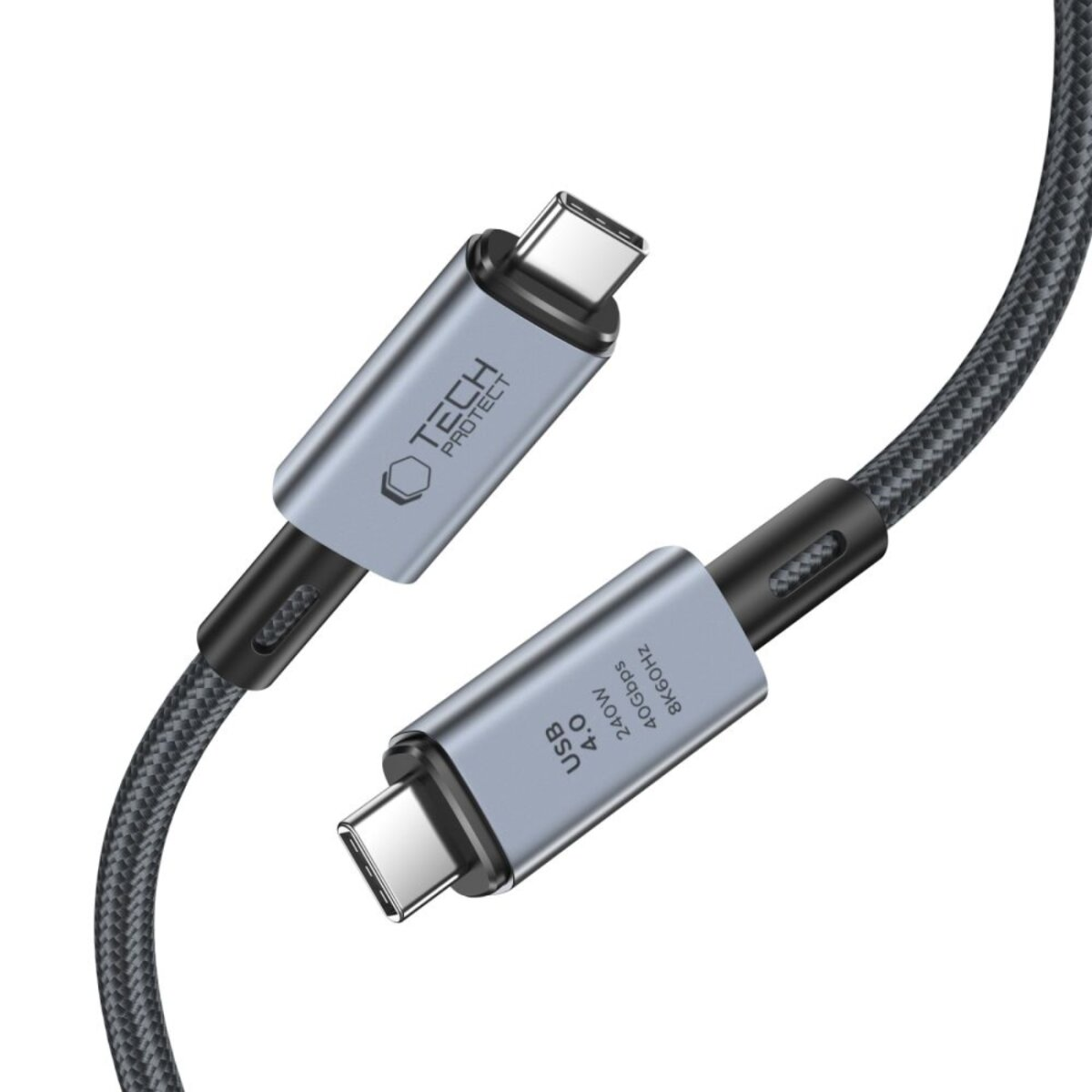 Deux câbles USB-C, connecteurs argentés, câble tressé gris, logo Tech Protect, USB 4.0, 40 Gbit/s, 8K60Hz.