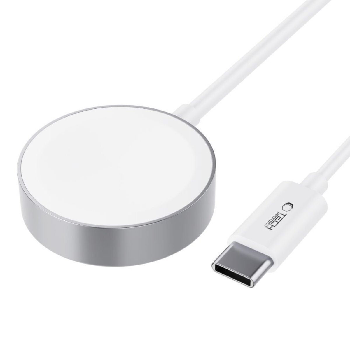 Ein weiß-silbernes kabelloses Ladegerät. Ein weißes Kabel führt zu einem USB-C-Anschluss. Das Ladegerät hat das Logo 'TECH PROTECT'.