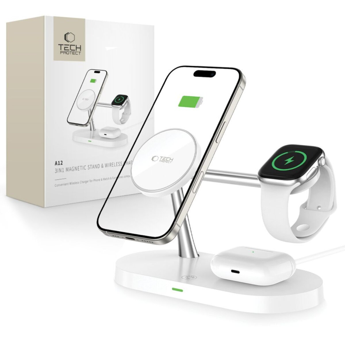 Un chargeur sans fil 3-en-1 blanc avec un téléphone, une montre et des écouteurs. Une boîte est en arrière-plan. Le téléphone affiche la charge.