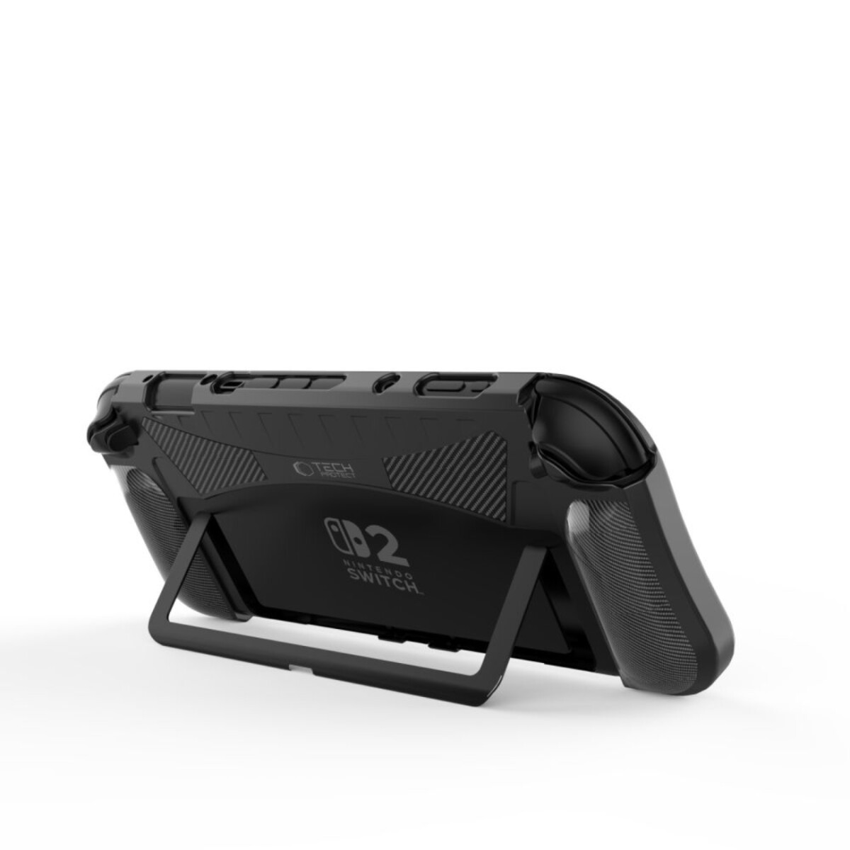 Black Nintendo Switch with a protective case. The Switch is propped up by a kickstand. The case has the TechProtect logo.