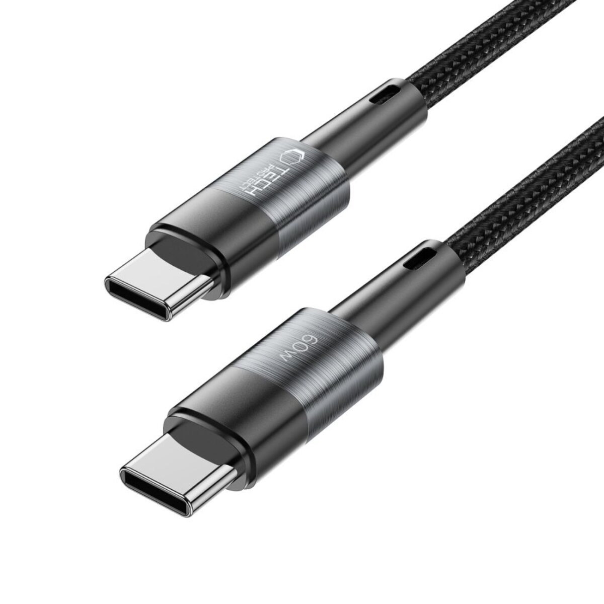Deux câbles USB-C, inclinés. Câble tressé noir, connecteurs gris métallique. Un connecteur a 'TECH protect', l'autre '60W'.