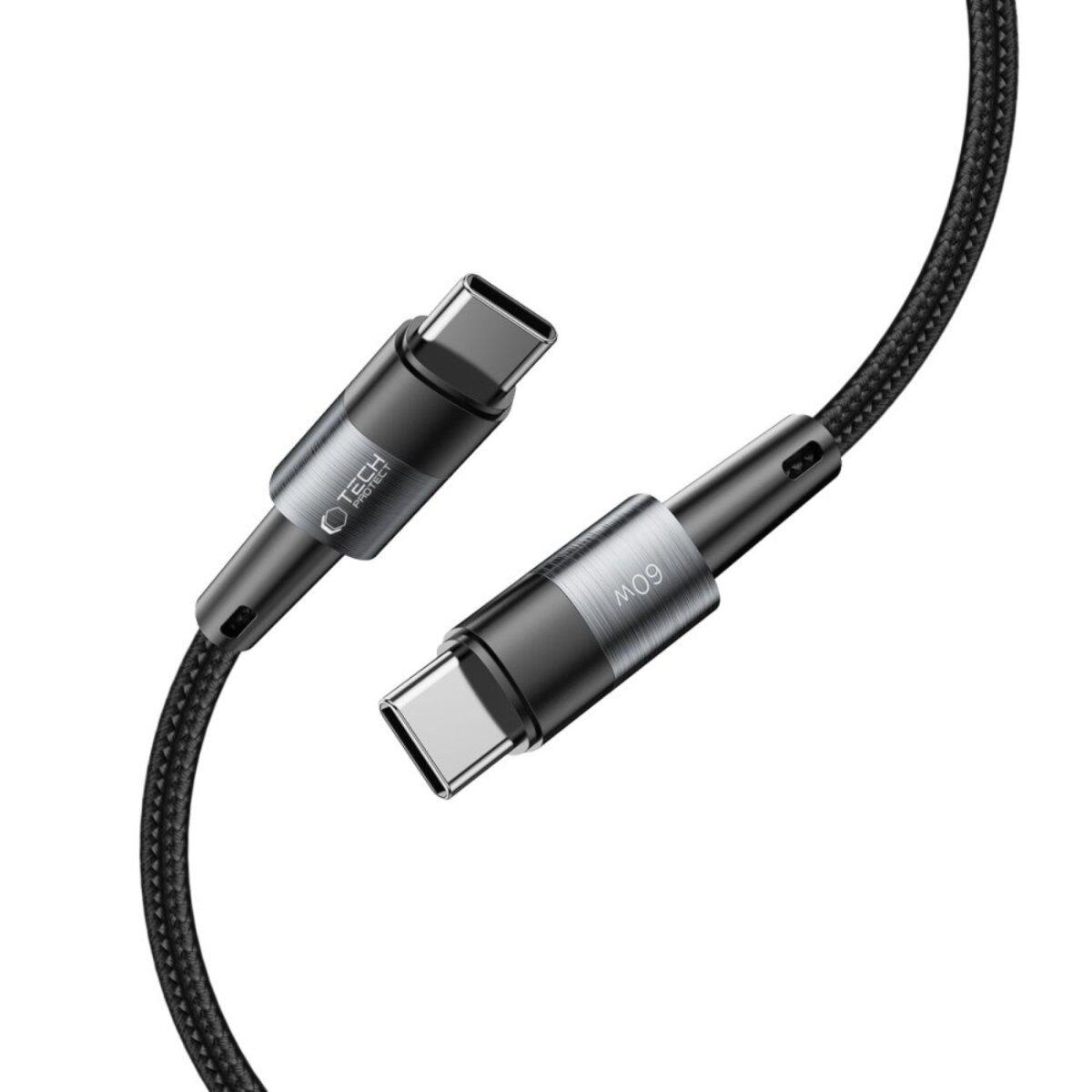Câble de charge USB-C noir avec connecteurs métalliques. Un connecteur porte le logo 'Tech Protect', l'autre indique '60W'.
