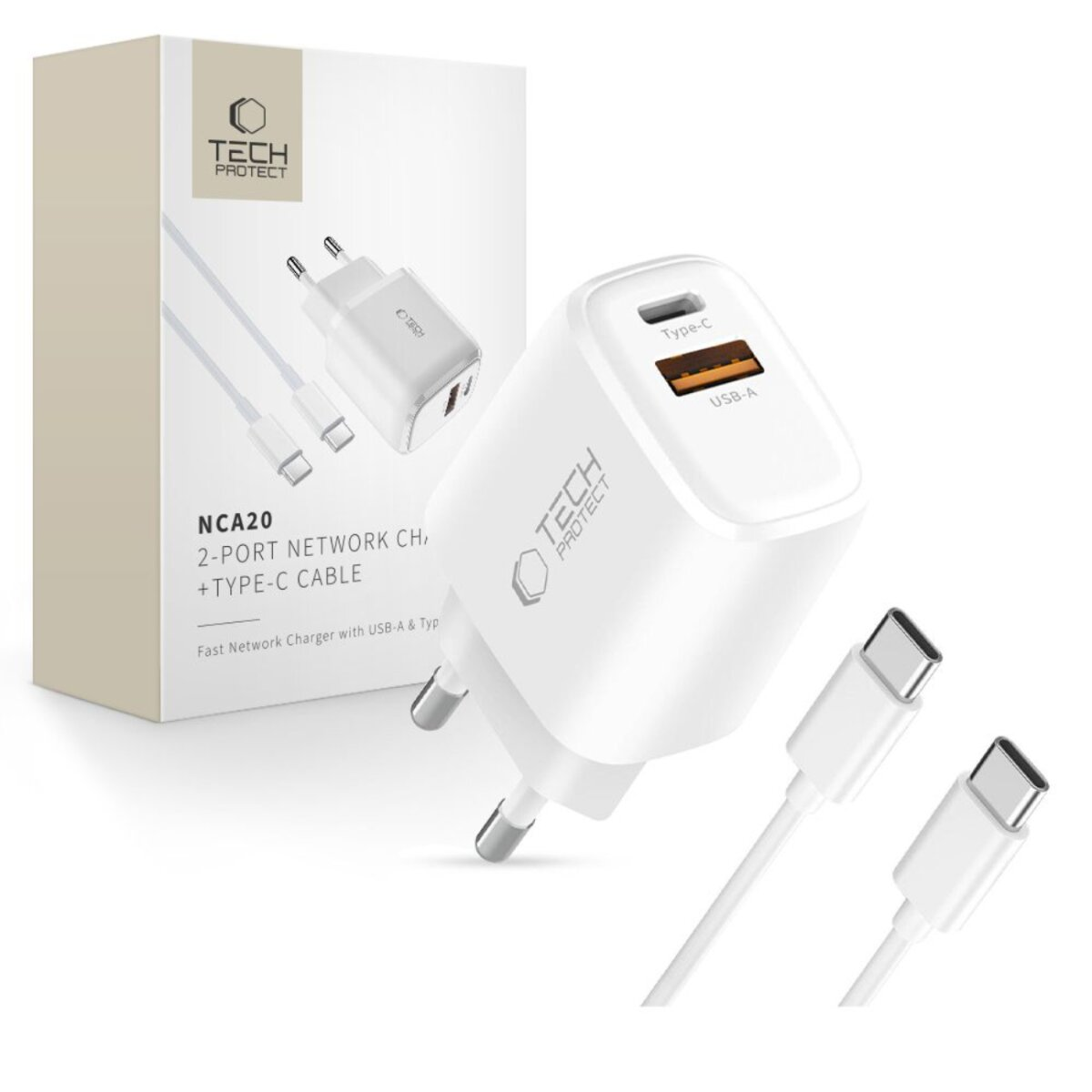 Caricatore bianco Tech Protect con porte USB-A e Type-C, cavi e confezione. La scatola mostra i dettagli del prodotto.