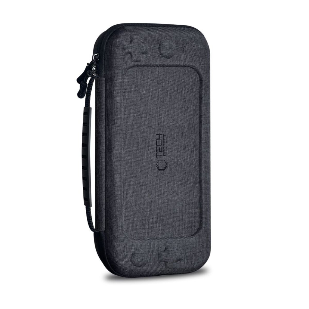 A dark gray Switch case with a handle. The case has a zipper, a logo, and controller button imprints.
