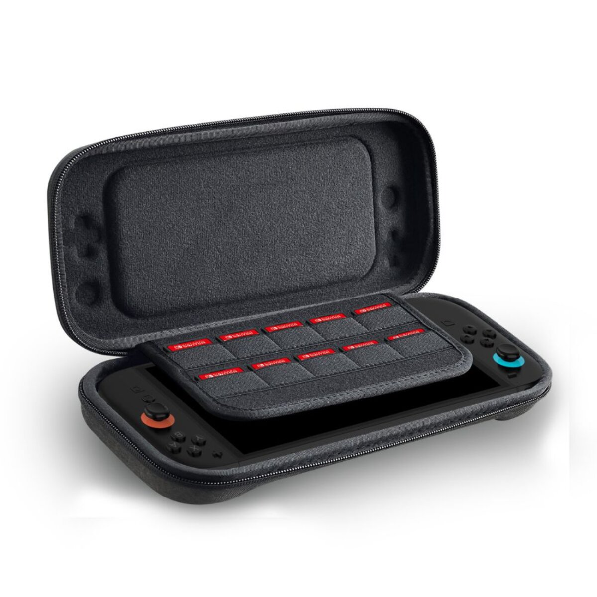 A gray Switch case is open, revealing a Switch console. The case has a storage compartment for game cards. The Switch controllers have orange and blue buttons.