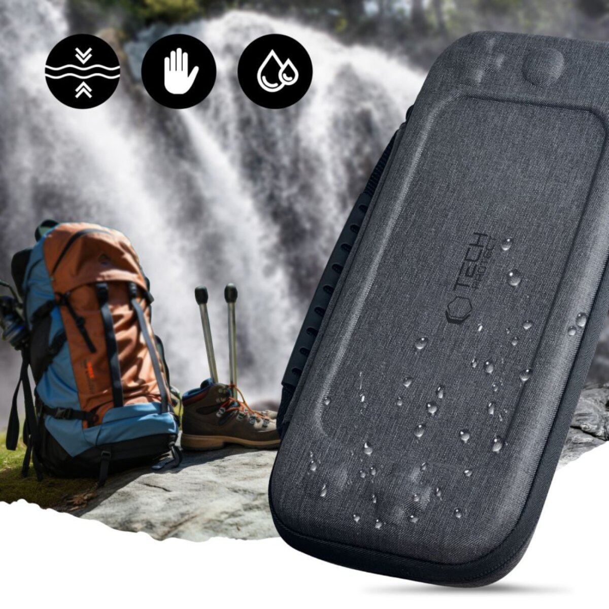 A gray phone case with water droplets, a backpack, hiking boots, and a waterfall in the background, with icons.