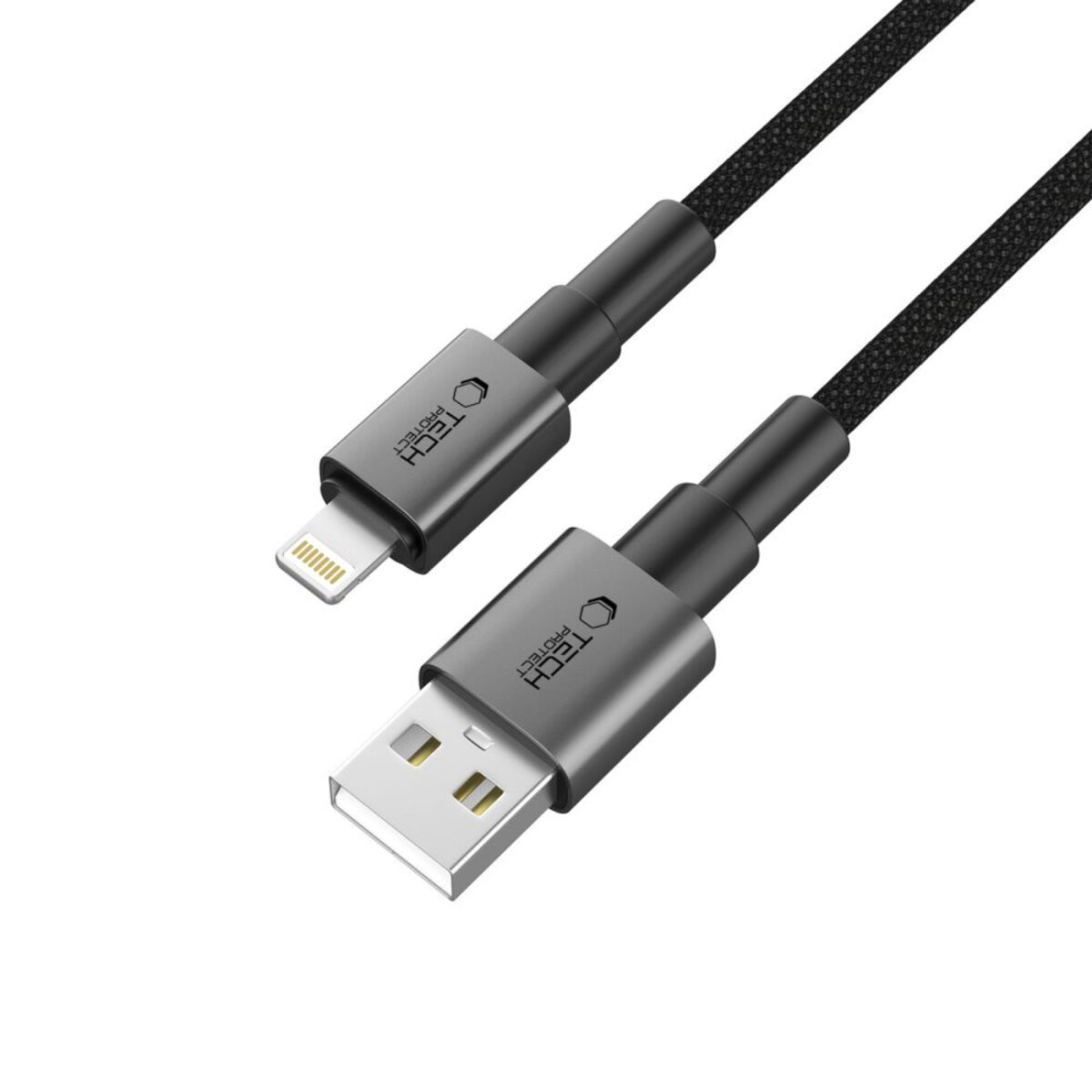 Un câble de chargement USB Tech Protect noir et gris. Une extrémité est USB, l'autre est un connecteur Lightning, les deux sont branchés.