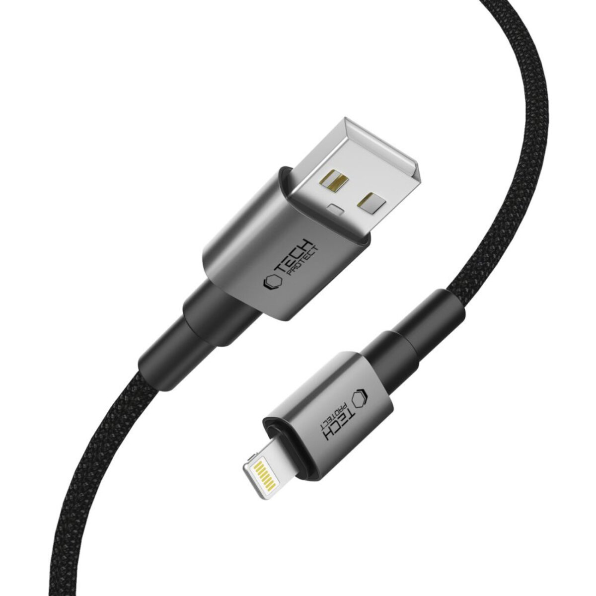 Un câble de chargement USB Tech Protect avec connecteur USB-A et Lightning. Câble noir avec connecteurs gris métallisé.
