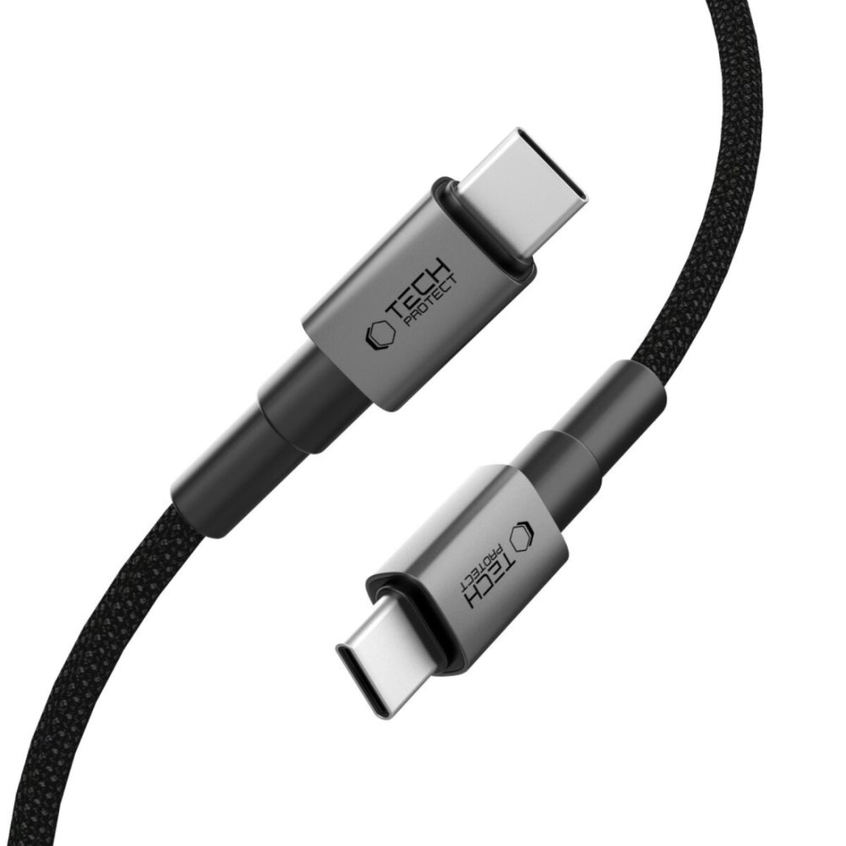 Deux câbles USB-C, un coudé. Connecteurs gris avec logo 'Tech Protect'. Câble noir texturé. Fond blanc.
