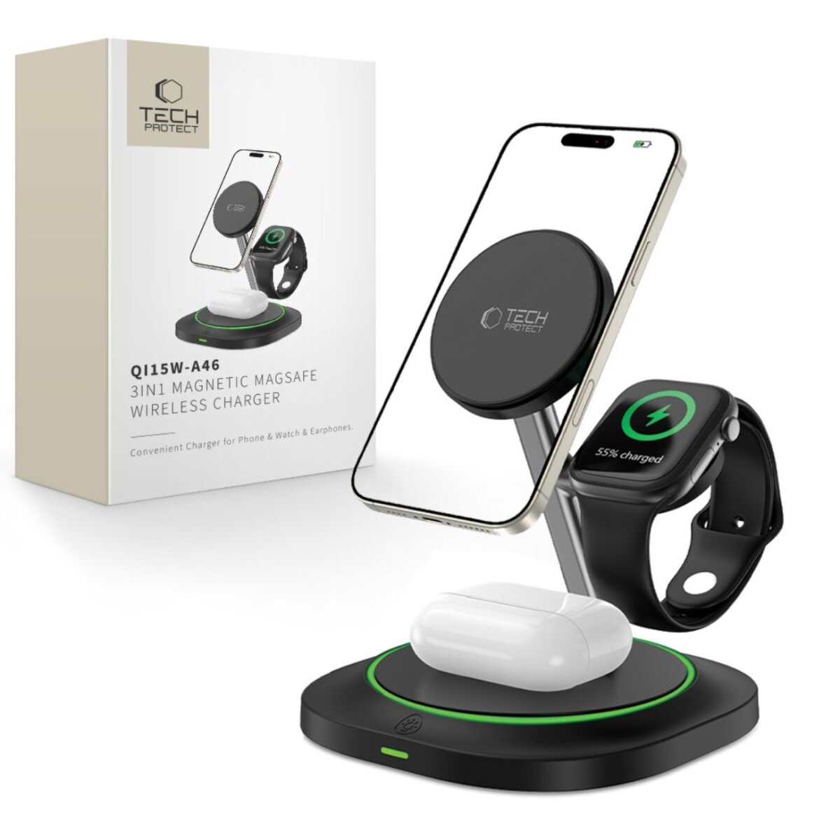 Ein 3-in-1-Wireless-Ladegerät mit Telefon, Uhr und Kopfhörern. Das Telefon ist magnetisch befestigt. Die Uhr zeigt 55% geladen.