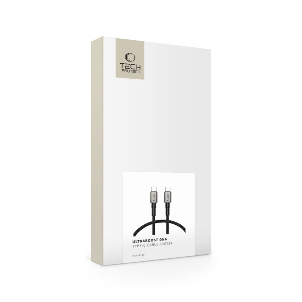 Une boîte blanche avec le logo Tech Protect. Elle présente une illustration de câble USB-C et des détails du produit en noir.
