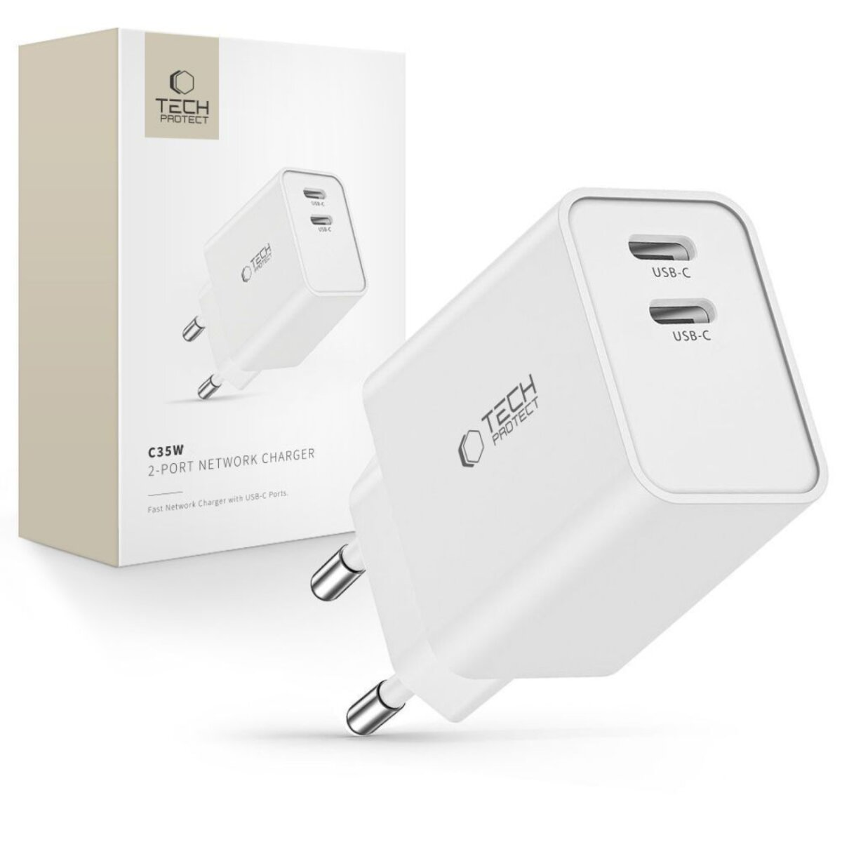 Ein weißes Tech Protect Ladegerät mit zwei USB-C-Anschlüssen und eine Box, die das Ladegerät zeigt. Die Box hat das Logo und Text.