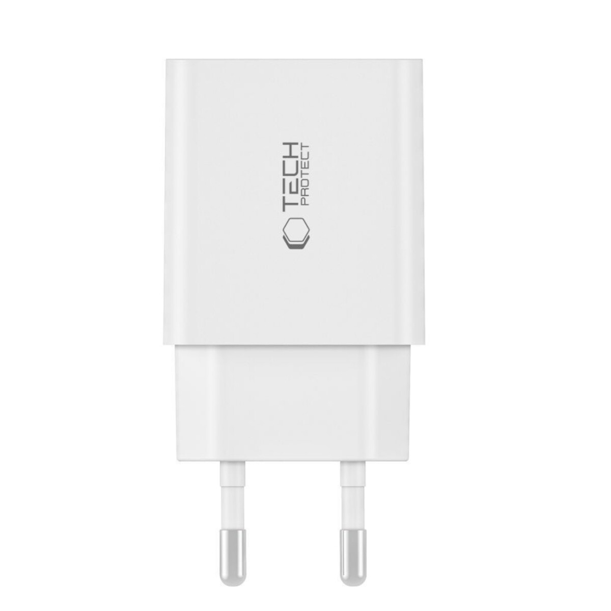 Een witte TECH PROTECT oplader met twee pinnen. De oplader heeft een logo en tekst.