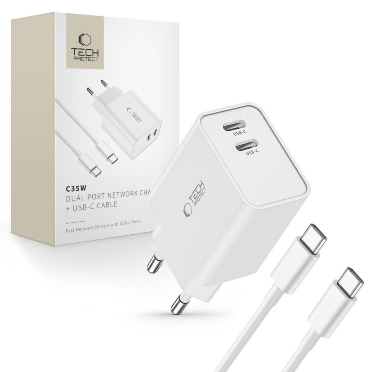 Een witte Tech Protect C35W dual-port lader met USB-C-kabels en de verpakking, met het logo van het merk.