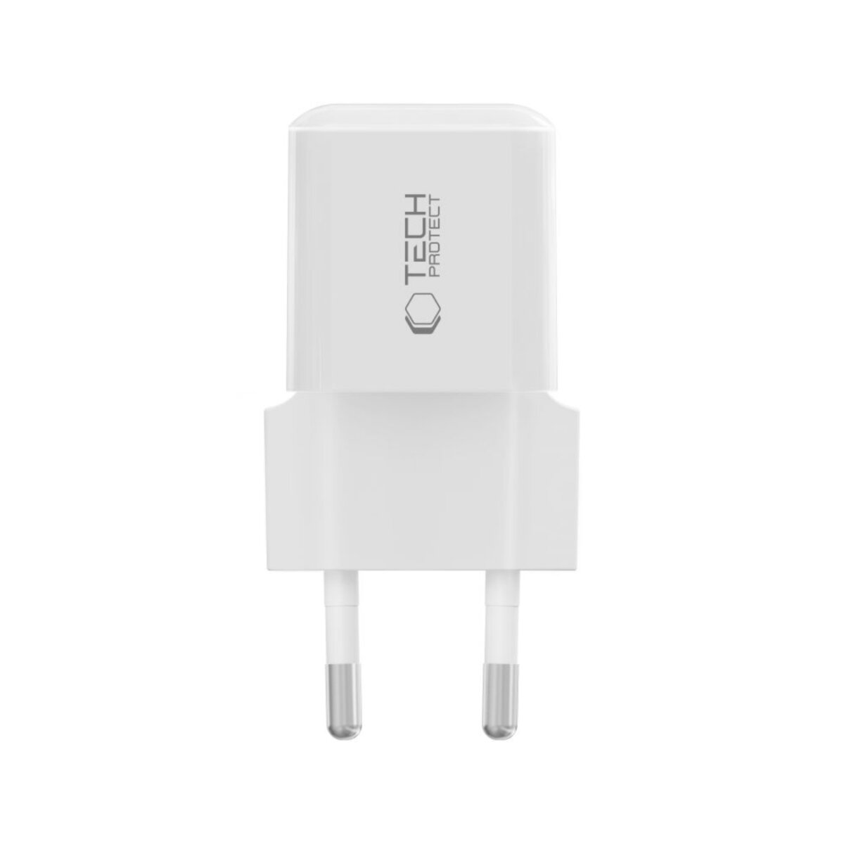 Een witte TECH PROTECT telefoonlader met twee zilveren pinnen. De oplader staat op een witte achtergrond.