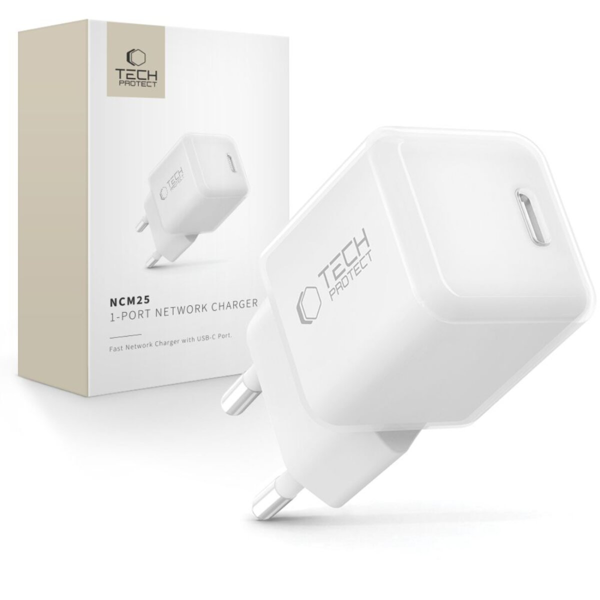 Een witte Tech Protect netwerklader met USB-C-poort. De lader staat naast de doos, die ook de lader laat zien.