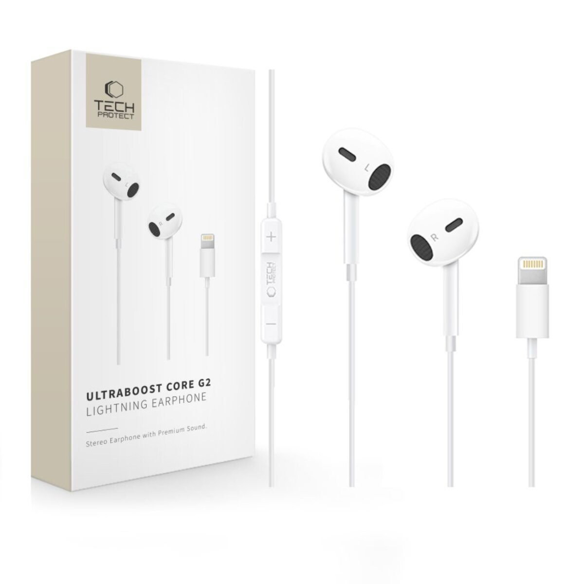 Witte oortelefoons met een Lightning-connector en een bedieningsmodule. De doos is wit met 'TECH PROTECT' en 'ULTRABOOST' erop.
