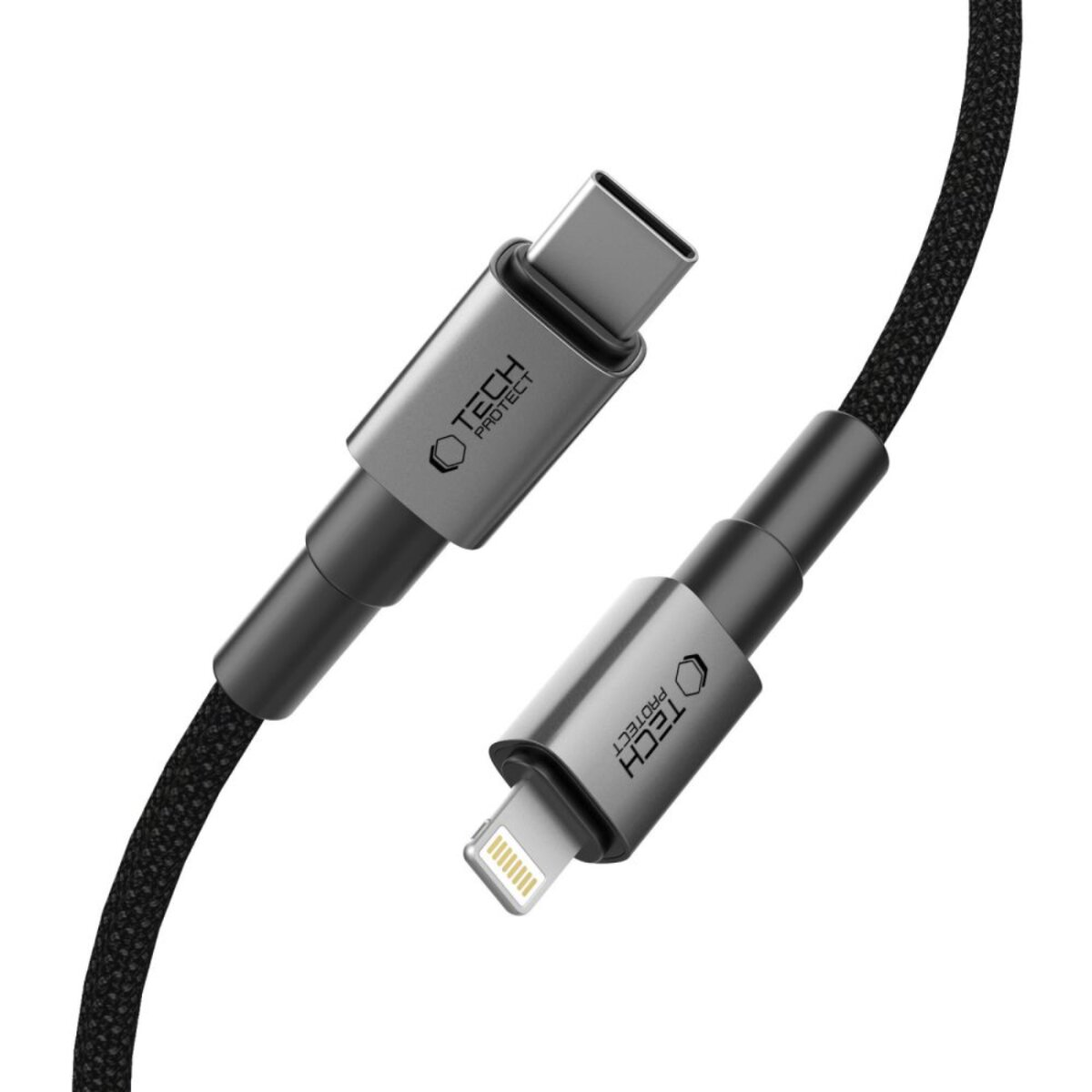 A close-up shot of two black charging cables. One end is USB-C, the other is a lightning connector, both with TECH PROTECT logos.