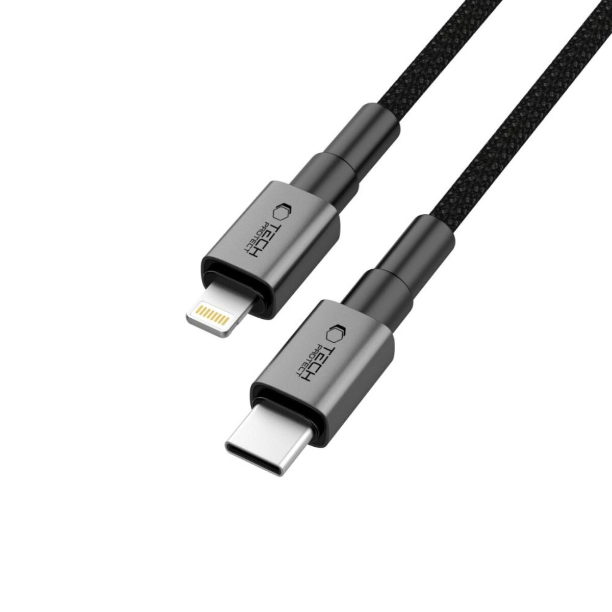 Two black charging cables with different connectors. One is a USB-C, the other is a lightning connector, both are from Tech Protect.
