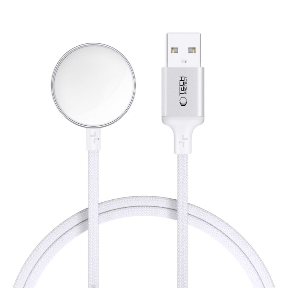 Witte Apple Watch-oplader met een ronde oplaadpad en een USB-connector. De kabel is wit en gevlochten.