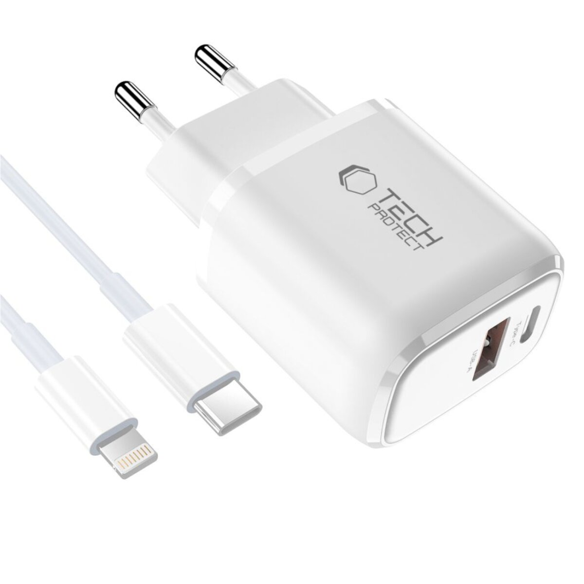 Un chargeur Tech Protect blanc avec deux broches, un câble USB-C et Lightning. Le chargeur possède des ports USB et USB-C.