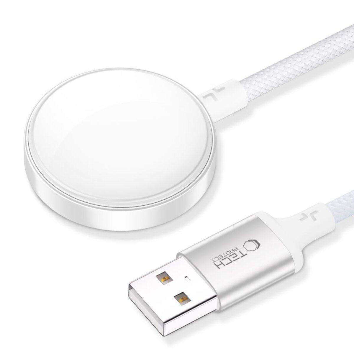 Een witte smartwatch-oplader met een USB-kabel. De oplader is rond en de kabel is wit. De USB-connector heeft een zilveren afwerking.