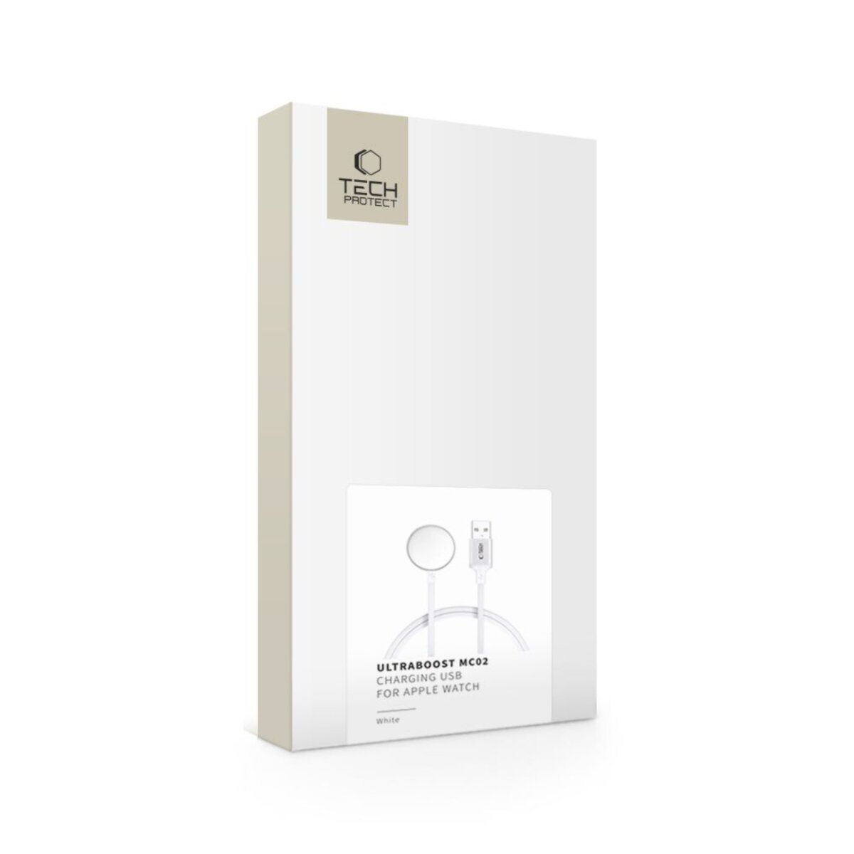 Een witte doos met Tech Protect logo. Het heeft een USB-oplader voor Apple Watch. De doos is wit met beige details.