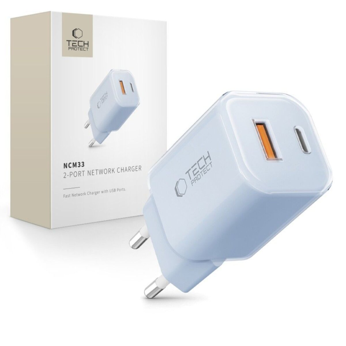 Ein weißes Tech Protect Netzwerk-Ladegerät mit USB-Anschlüssen wird mit seiner Box angezeigt. Das Ladegerät ist hellblau und hat einen orangefarbenen Anschluss.