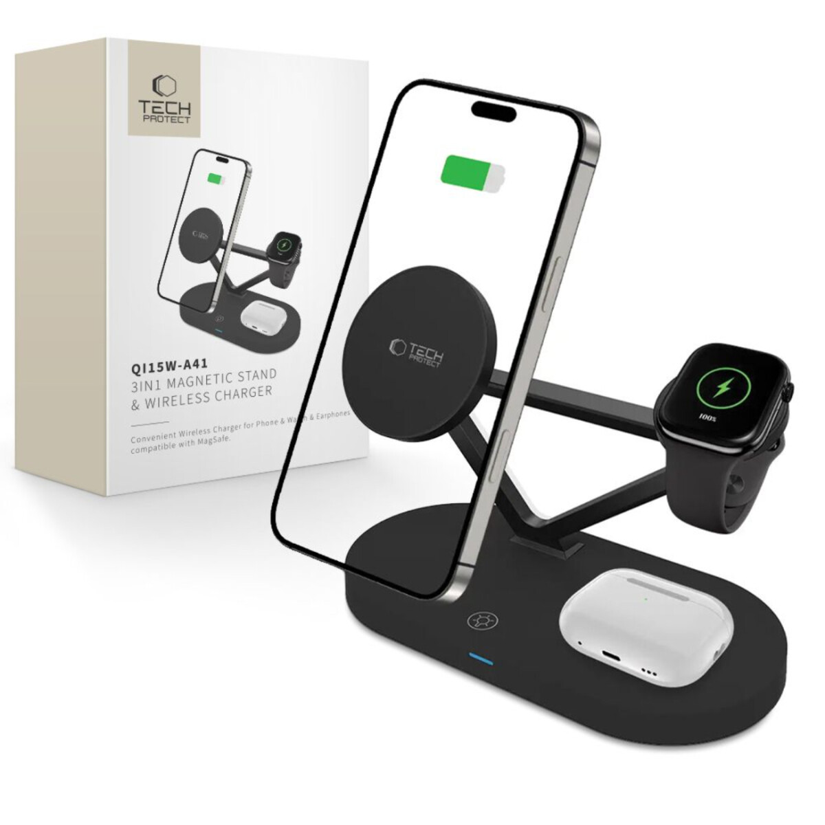 Ein 3-in-1-Funkladegerät mit Telefon, Smartwatch und Ohrhörern. Telefon und Uhr zeigen das Laden an. Im Hintergrund befindet sich eine Box.