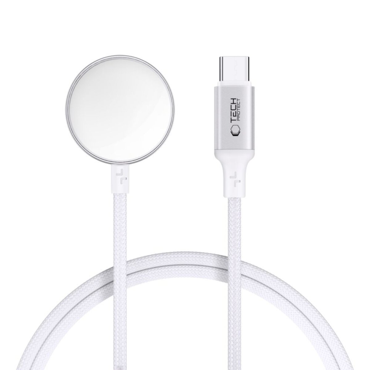 Witte oplaadkabel met een cirkelvormig magnetisch oplaadpad en een USB-C-connector, beide in zilver. De kabel is wit.