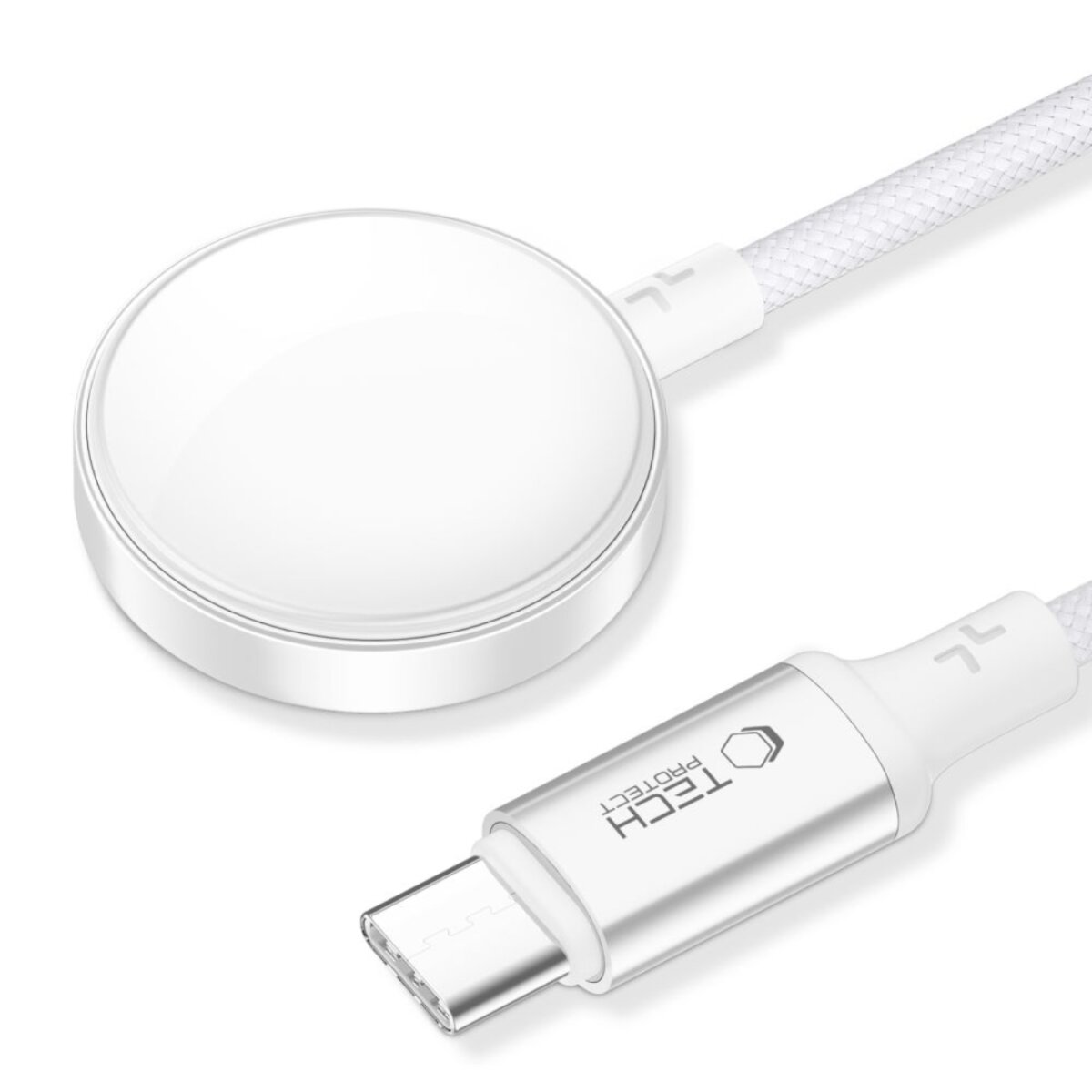 Een witte smartwatch-oplader met witte kabel en USB-C-connector. De oplader heeft het 'Tech Protect'-logo.