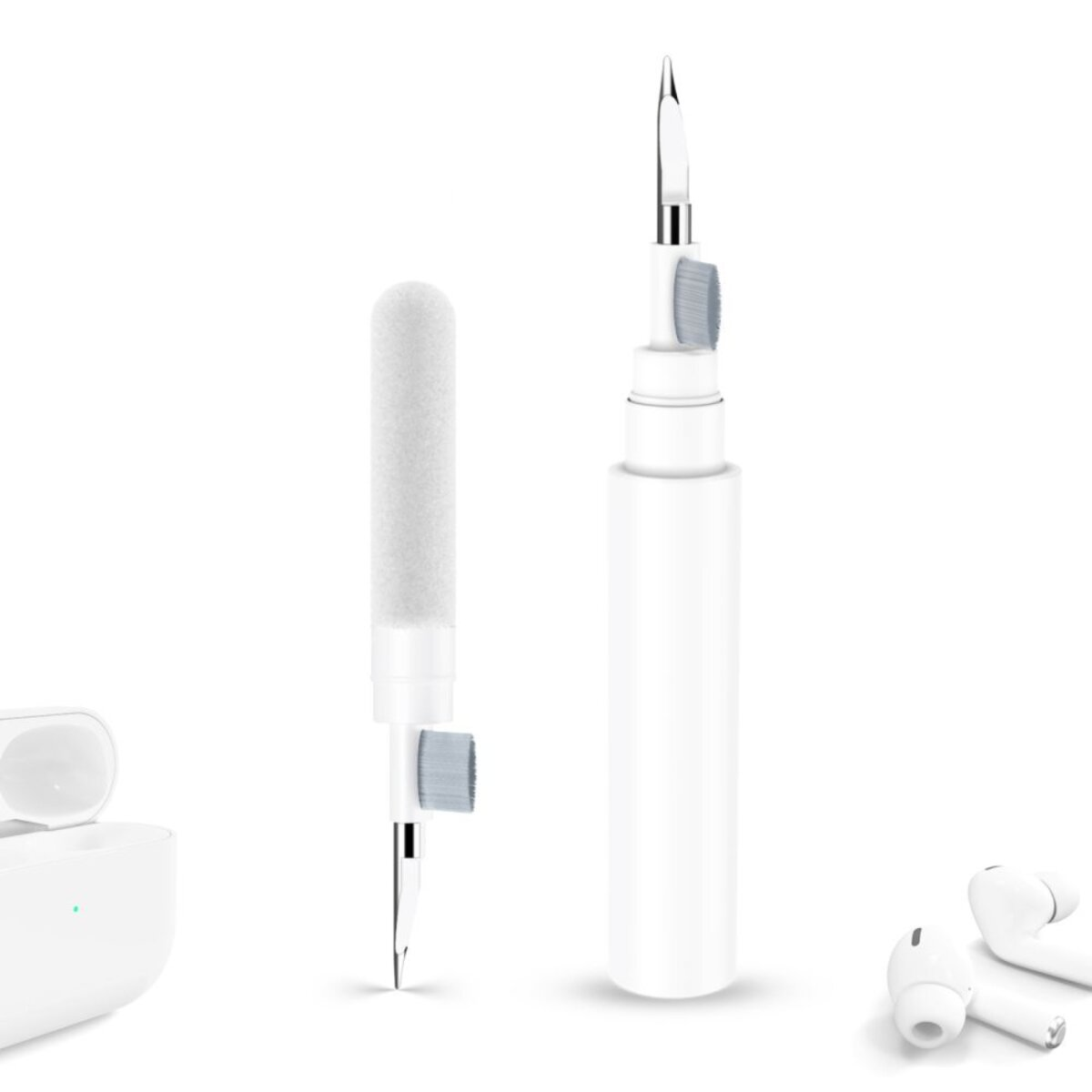 Image shows white earbud cleaner tools, earbud case, and earbuds on a white background. Tools have brushes and cleaning tips.