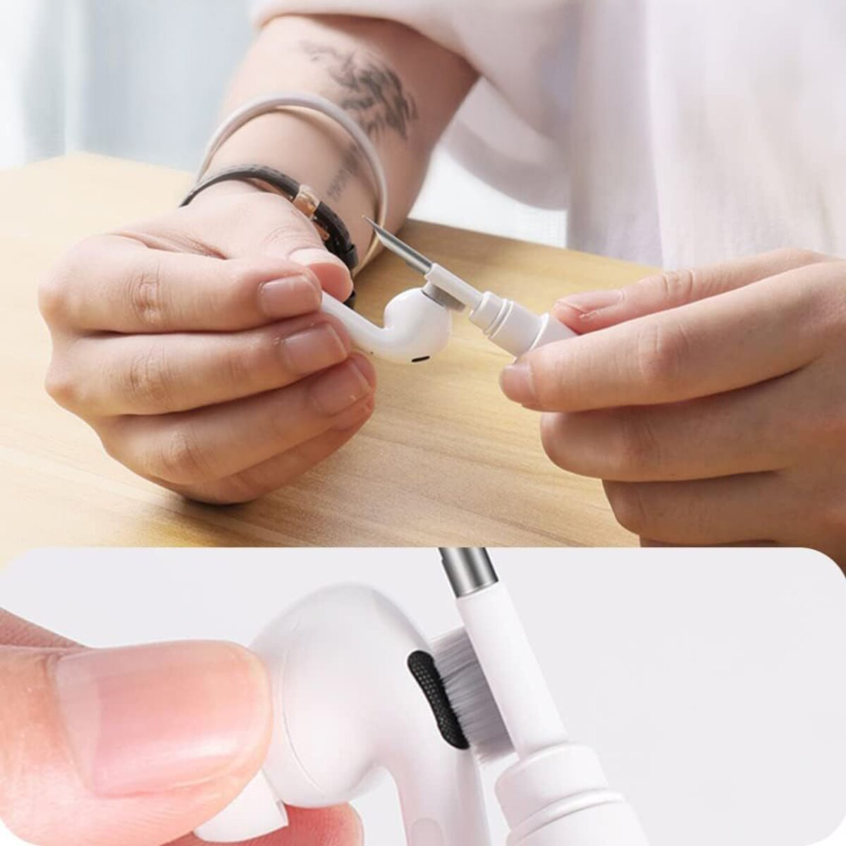 A person cleaning white earbuds with a specialized tool. Close-up shows detail of the cleaning process and the earbuds.