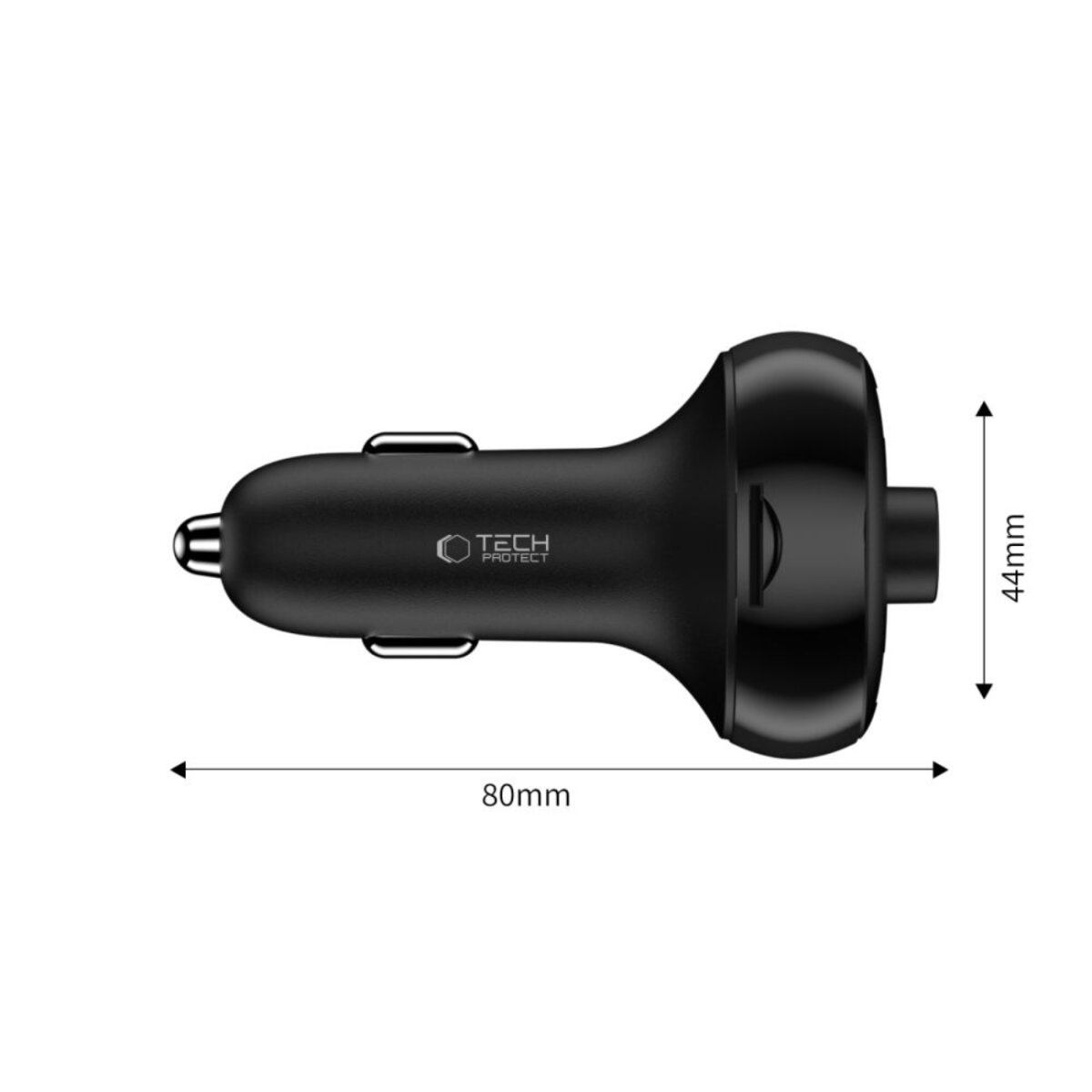 Un chargeur de voiture noir sur fond blanc. Il a les dimensions indiquées : 80 mm de long et 44 mm de large.