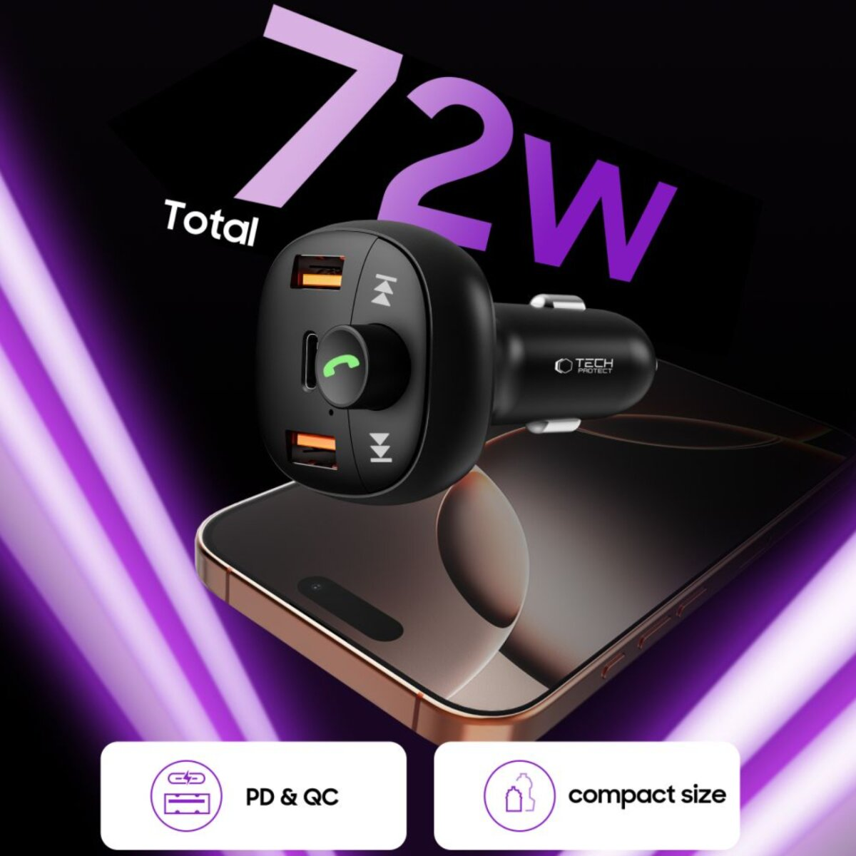 Un chargeur de voiture noir avec ports USB et bouton d'appel téléphonique sur un téléphone. Accents violets avec le texte '72W total' et des icônes.