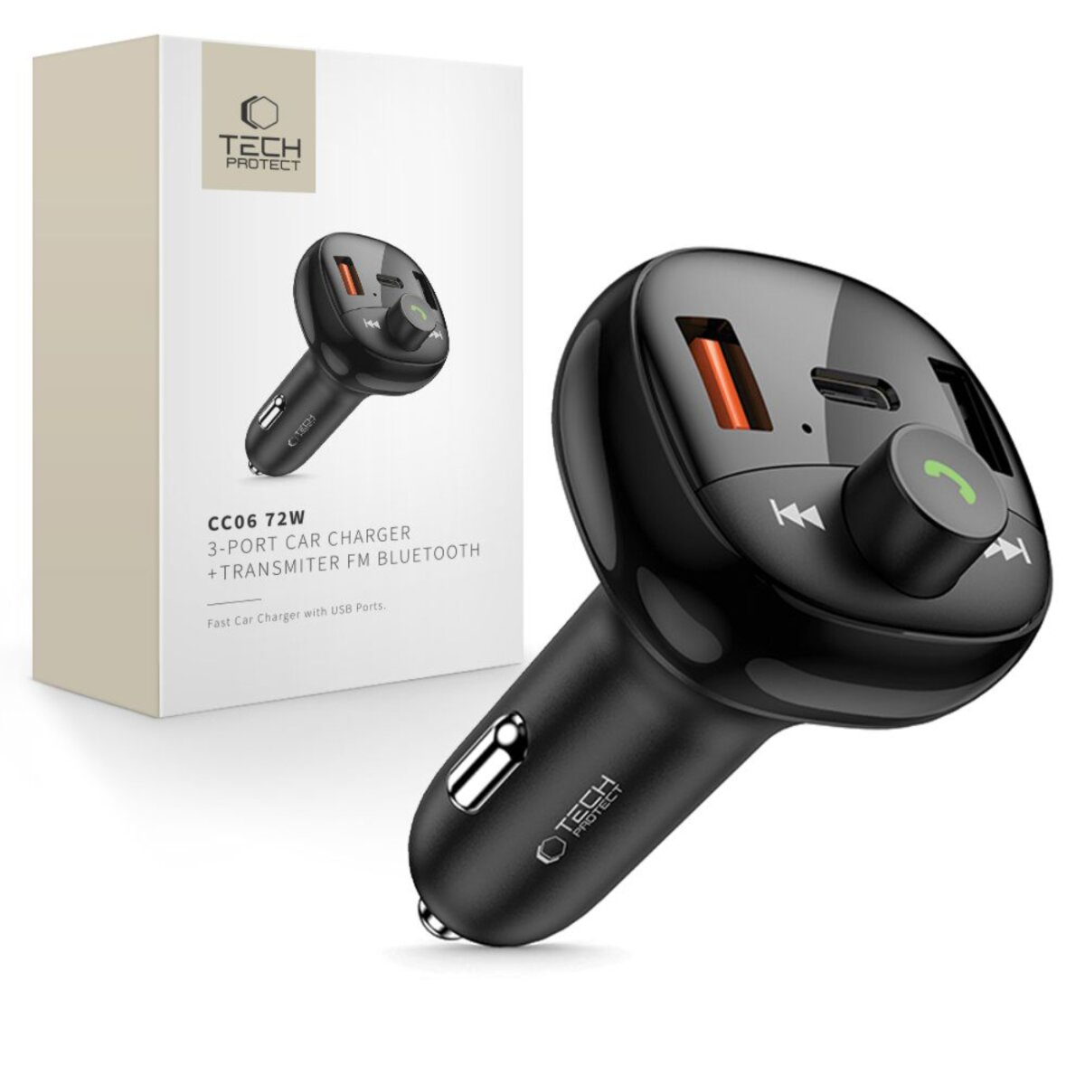 Un chargeur de voiture noir avec ports USB et émetteur Bluetooth, une boîte blanche avec logo et texte.