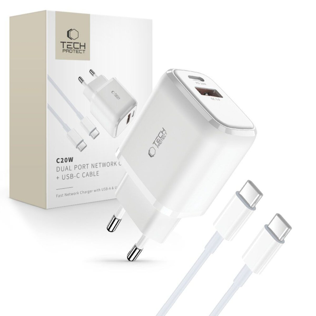 Un chargeur Tech Protect blanc avec câbles USB-C et une boîte. La boîte et le chargeur ont le logo Tech Protect. C'est un chargeur à double port.