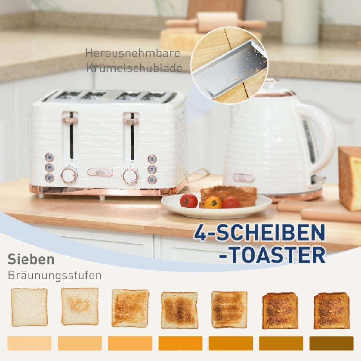Ein weißer und kupferfarbener 4-Scheiben-Toaster mit passendem Wasserkocher und Toastproben. Merkmale sind Krümelschublade und Bräunungsstufen.