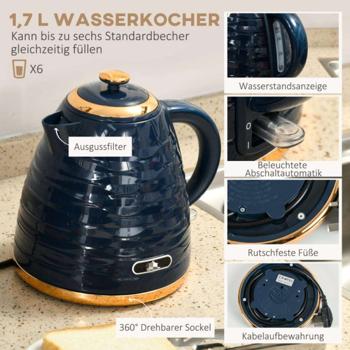 Ein marineblauer und goldener Wasserkocher mit Funktionen wie Wasserstandsanzeige und Abschaltautomatik. Inklusive Toastscheibe.