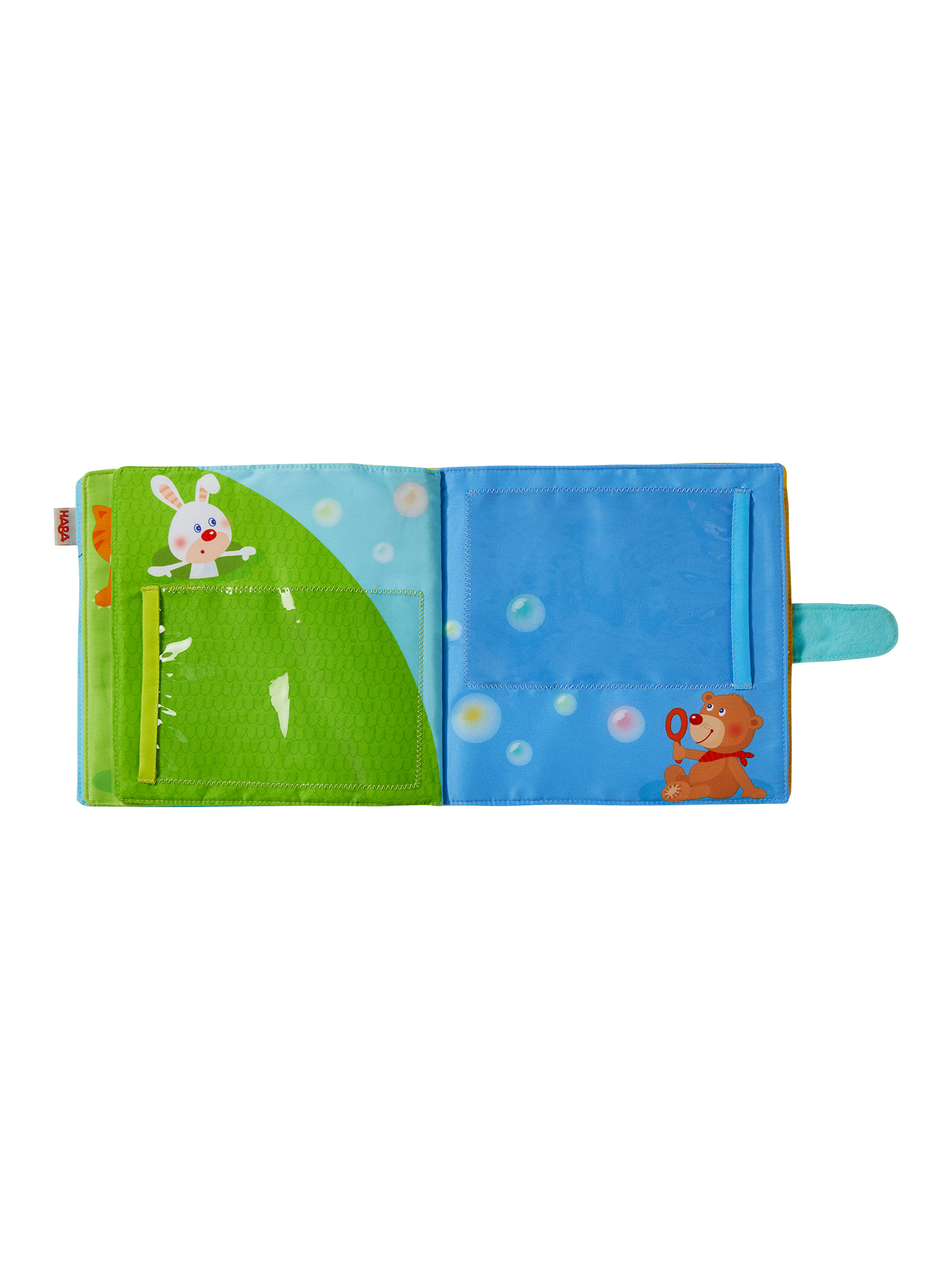Ein weiches Buch mit einem Hasen, einem Bären und Blasen. Grüne, blaue und orange Farben. Klare Taschen für Einsätze.