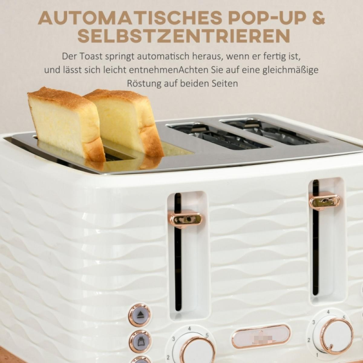 Weißer Toaster mit zwei Toastscheiben. Der Toaster hat roségoldfarbene Akzente und ein Wellenmuster.